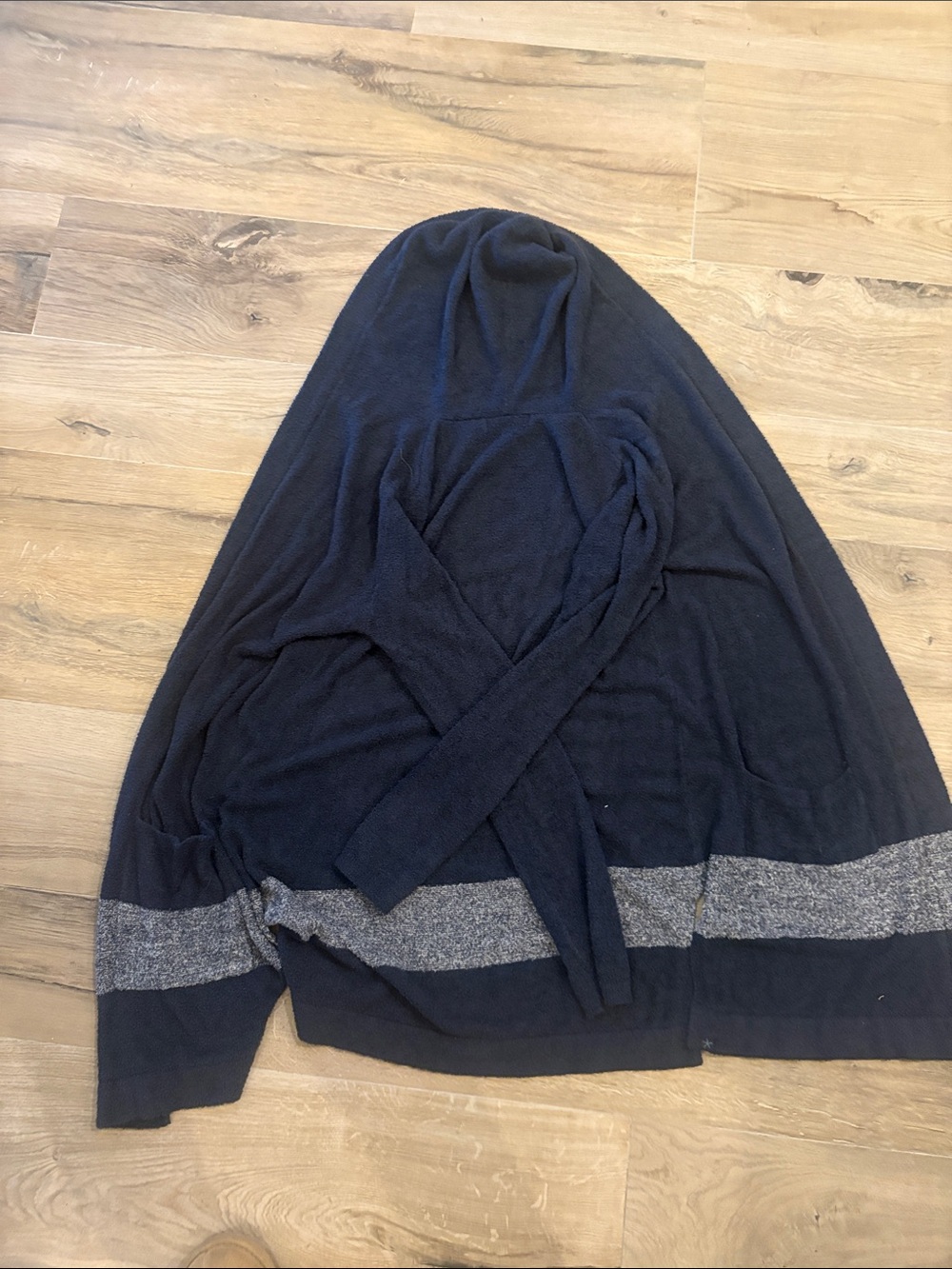 Barefoot Dreams Navy Hooded Open Cardigan with Gray Hem Band - Picture 2 of 3